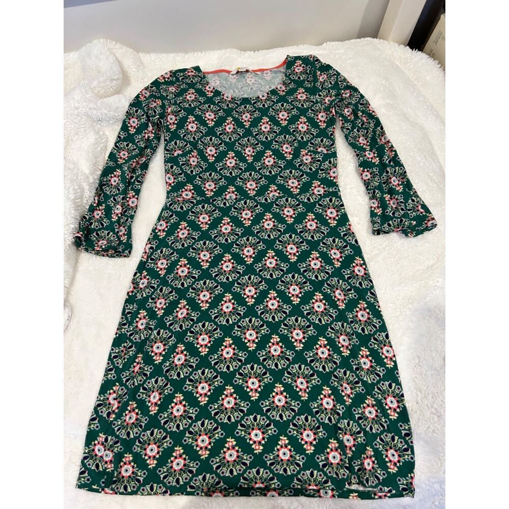 BODEN Green Pink floral Miriam Long Sleeve Jersey Scoop Neck Sheath Dress Sz 6 - Picture 2 of 7